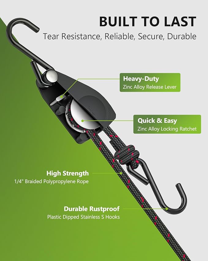 Kayak Tie Down Straps Ratchet, Kayak Straps for Secure Canoe to Roof Racks, Hiking Camping, Boating & Water Activities, Heavy Duty Ratchet Pulley Rope Hanger Kayak Accessories 2-Pack 1/4" 12FT
