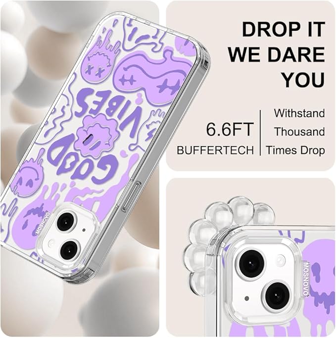 MOSNOVO for iPhone 13/14 Case | Military Grade 6.6ft Drop Tested | Clear with Good Vibes Design