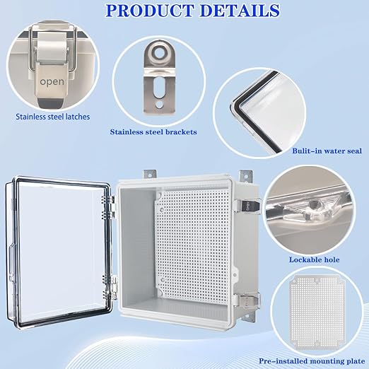 Waterproof Electrical Box with Mounting Plate, IP67 Junction Box Stainless Steel Latch Hinged Clear Cover Project Enclosure with Wall Bracket and 2 Glands 8.3" x 8.3" x 5.1"