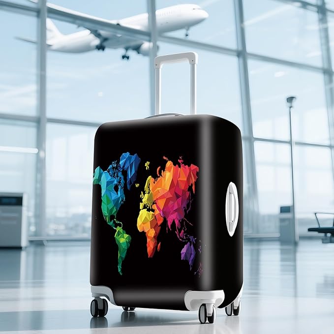 ANNA QUEEN Geometric World Map Travel Luggage Cover -Stretchable Airplane Suitcase Protector Sleeve,Universal Washable Fit for 20-22 Inch Checked Baggage,Water Resistant Durable Luggage Protector