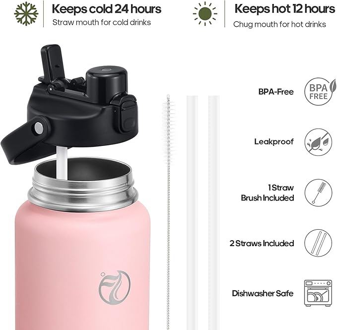 64oz Half Gallon Insulated Water Bottle with 2-in-1 Lid (Chug & Straw), Double Walled Vacuum Stainless Steel Water Bottles, Wide Mouth Leakproof Insulated Jug with Straw
