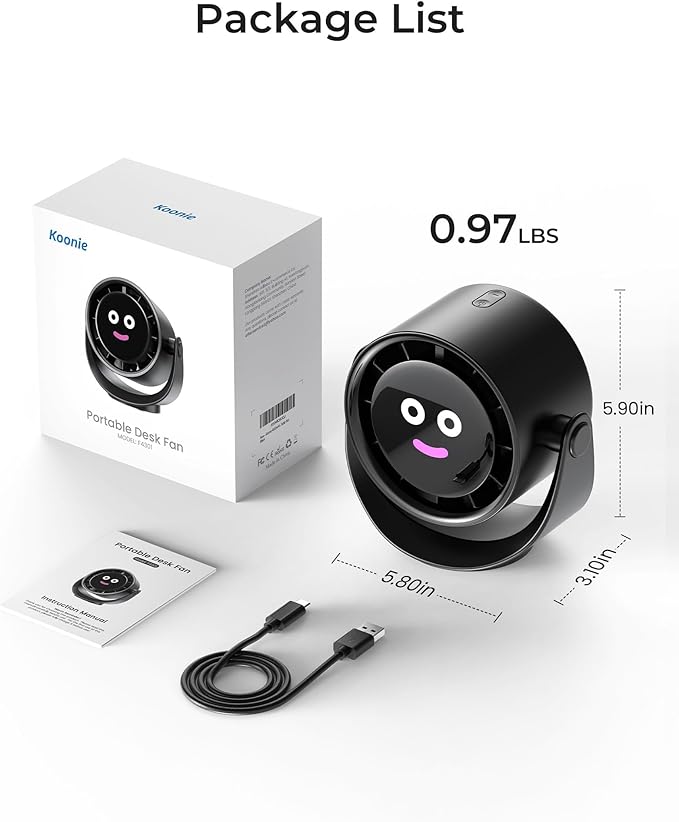 Koonie Desk Fan, LED Display Mini Table Fan, Rechargeable Personal Fan with 4000mAh Battery, Max. 17H Use, 5 Speeds, 360°Tilt, USB-C Charging, Quiet Small Portable Fan for Home, Office, Camp, Travel