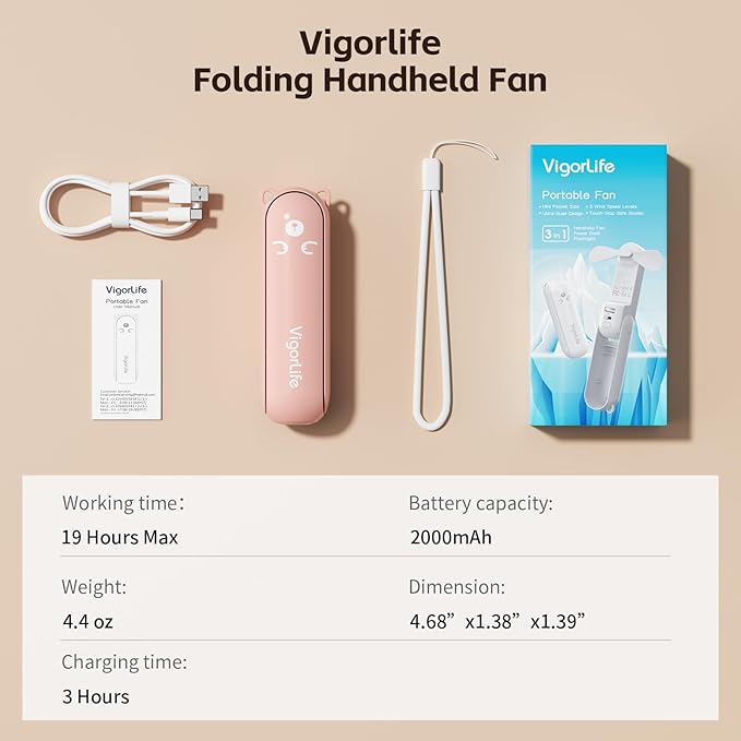 Mini Handheld Fan,USB Rechargeable 3 IN 1 Personal Cooler Fans with Power Bank,LED Flashlight,Small Foldable Pocket Portable Cooling Fan-Travel & Emergency Essentials for Outdoor,Pink