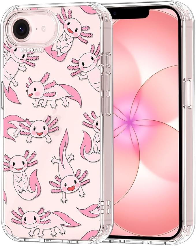MOSNOVO for iPhone 17e Case/iPhone 16e Case, Shockproof Military-Grade Protection 6.6ft Drop Tested, Clear Phone Case for iPhone 16e / iPhone 17e, Pink Axolotl Design