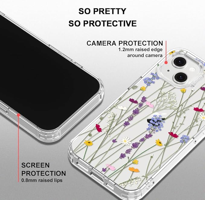 MOSNOVO for iPhone 13/14 Case | Military Grade 6.6ft Drop Tested | Clear with Floral Garden Design