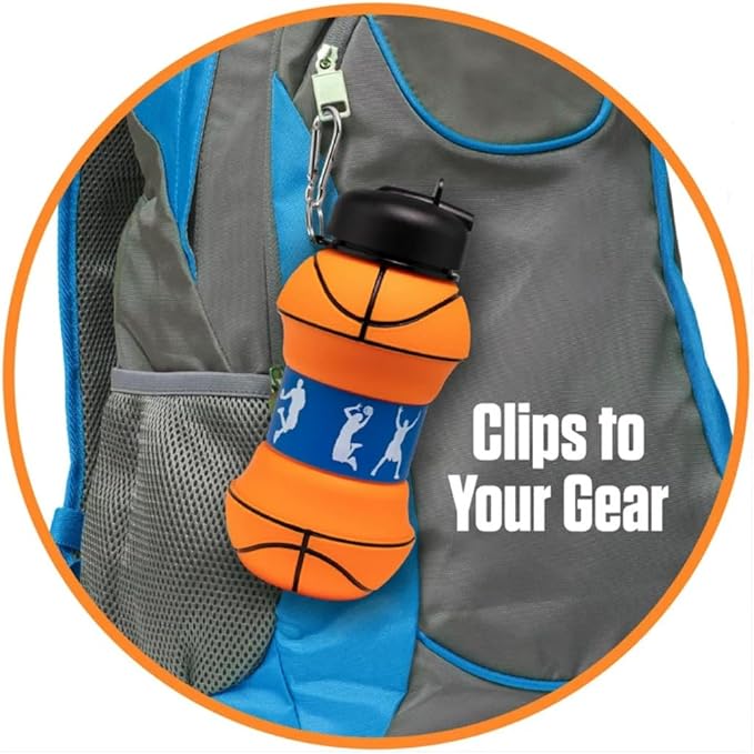 Soccer Water Bottle, 34oz Collapsible Silicone BPA-Free Kids Sports Bottle, Basketball Design, Perfect for Cycling, Travel, Hiking