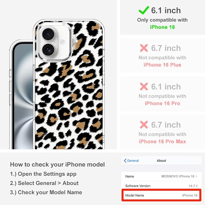 MOSNOVO Case for iPhone 16, [Buffertech 6.6ft Military-Grade Drop Protection] [Anti Peel Off Tech] Clear TPU Bumper Phone Case Cover Design - Leopard Print