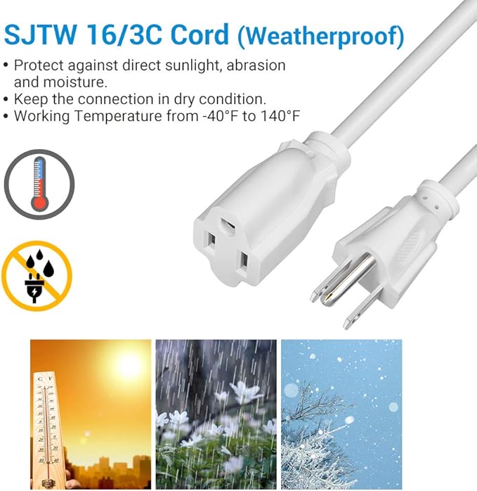 DEWENWILS 6ft Extension Cord, 16 AWG SJTW Weatherproof Power Cable for Indoor Outdoor Use, 3 Prong Grounded Outlets Plugs, ETL Listed, 2 Pack (White)