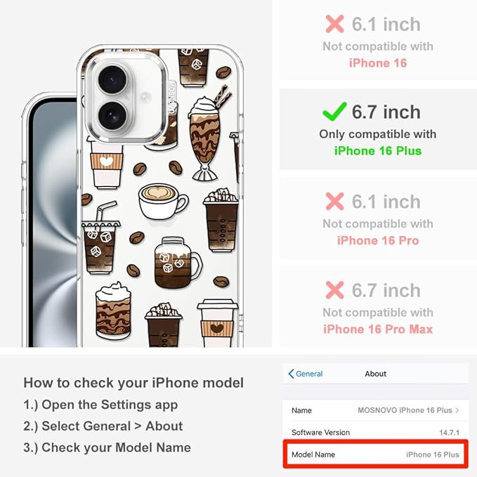 MOSNOVO Case for iPhone 16 Plus, [Buffertech 6.6ft Military-Grade Drop Protection] [Anti Peel Off Tech] Clear TPU Bumper Phone Case Cover Design - Coffee