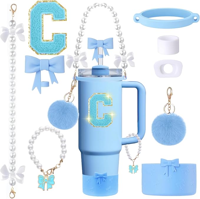 9pcs Stanley Cup Accessories Set- for 30oz 40oz Tumblers with Handle - Bule Kit Includes Bow Straw Topper and Boot, Charm, Pearl Handle Strap & Stickers - Aesthetic Girl Gifts (C)