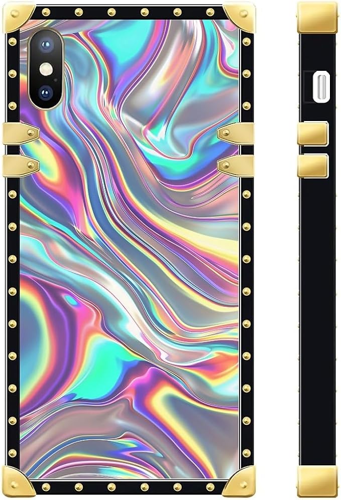 Compatible with iPhone XR Case, Holographic Abstract Iridescent Textures Luxury Golden Decoration for Girl Women Soft TPU Shockproof Protective Hard PC Back for iPhone XR