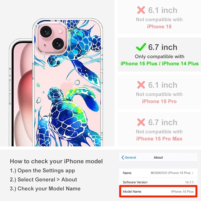 MOSNOVO Case for iPhone 15 Plus/iPhone 14 Plus, [Buffertech 6.6ft Military-Grade Drop Protection] [Anti Peel Off Tech] Clear TPU Bumper Phone Case Cover Design - Sea Turtles