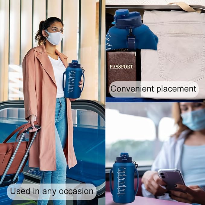 64oz Foldable Water Kettle - Straw & Motivational Time Marker, Half Gallon Silicone Reusable Bottle for Airport Travel, Outdoor Adventures & Home/Office (Blue)
