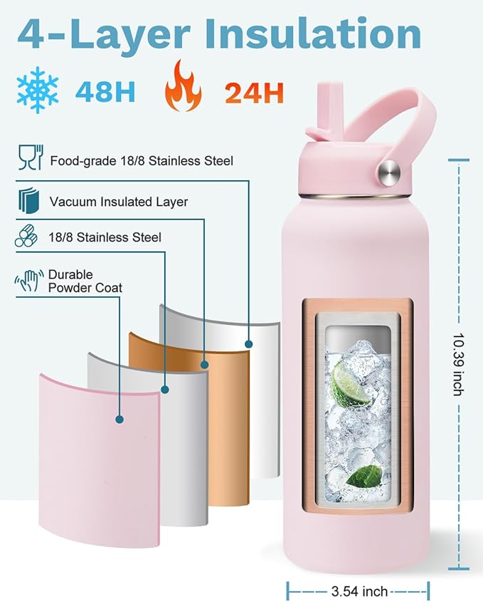 BENZZO 40oz Insulated Water Bottle Metal Water Flask Stainless Steel Keep Cold 48Hrs & Hot 24 Hrs, Pink Water Jug with Strap for Women Sports Gym Workout School Running with Straw & Auto Spout Lid