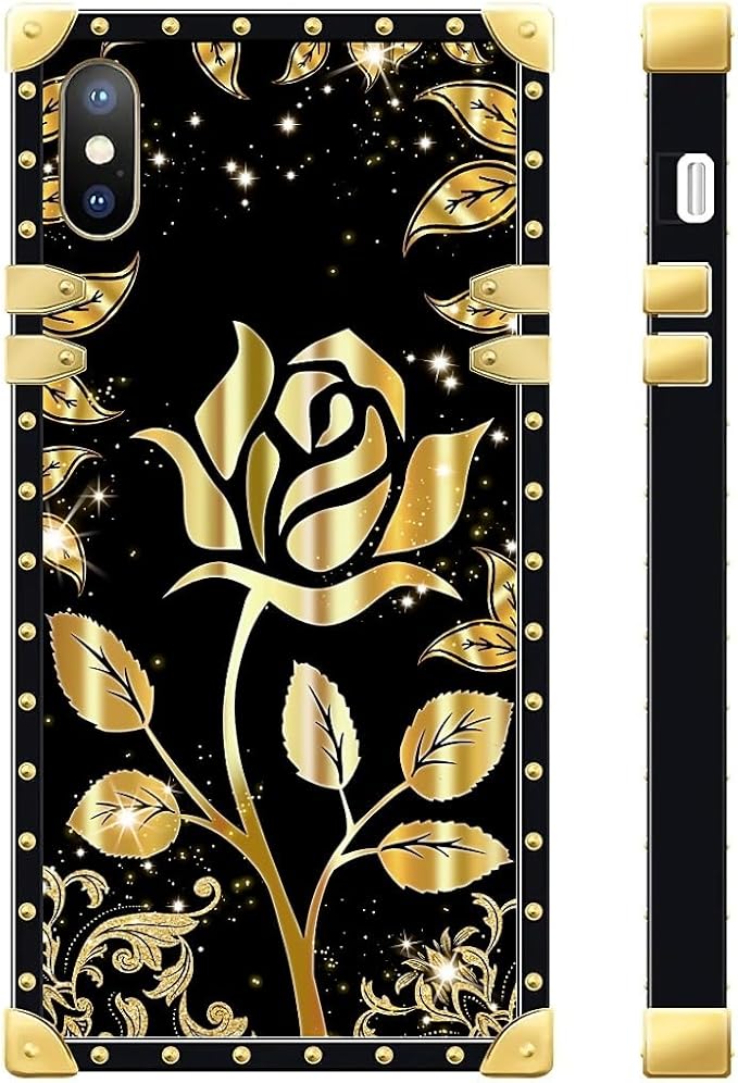Compatible with iPhone Xs Max Case, Shine Gold Rose Luxury Golden Decoration for Girl Women Soft TPU Shockproof Protective Hard PC Back for iPhone Xs Max