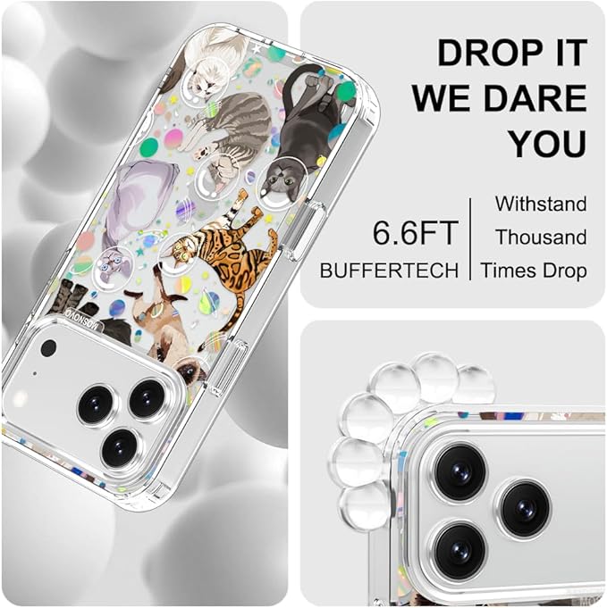MOSNOVO for iPhone 17 Pro Max Case | Military Grade 6.6ft Drop Tested | Camera Control | Clear with Space Cat Design