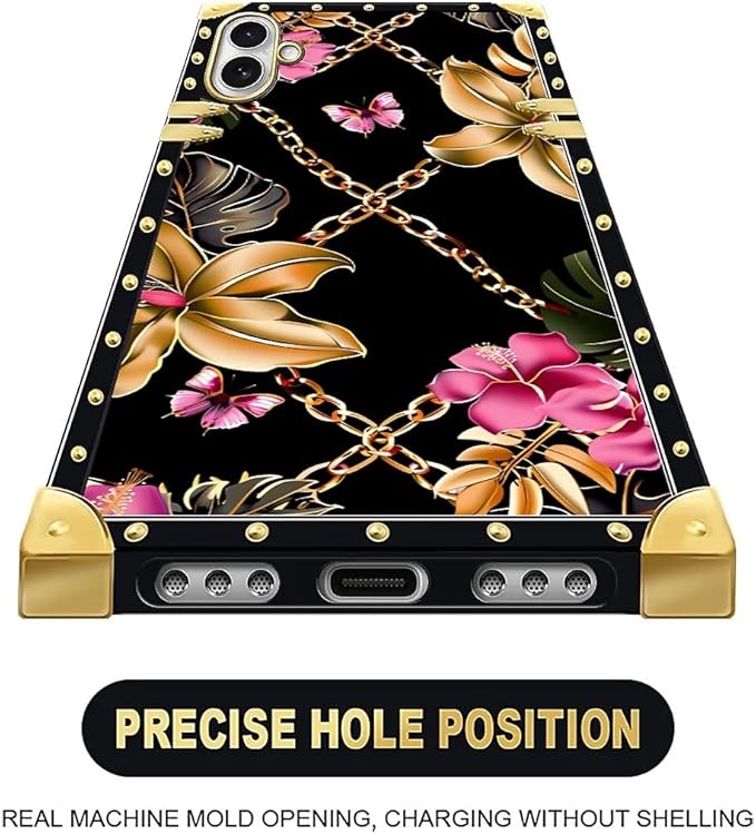 for iPhone 17 Case Luxury Golden Decoration for Girl Women Soft TPU Shockproof Protective Hard PC Back for iPhone 17 Crazy Pattern Pink Golden Chain Tropical Flower