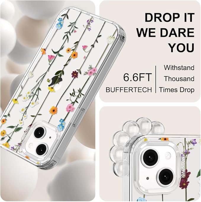 MOSNOVO for iPhone 13/14 Case | Military Grade 6.6ft Drop Tested | Clear with Wildflowers Design