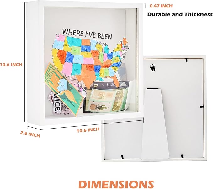 Where I've Been US Map Wooden Shadow Box Frame Wall Decoration, Travel Adventure Archive Box Tickets , 50 States Travel USA Map Tracker (White 10.6” x 10.6”)