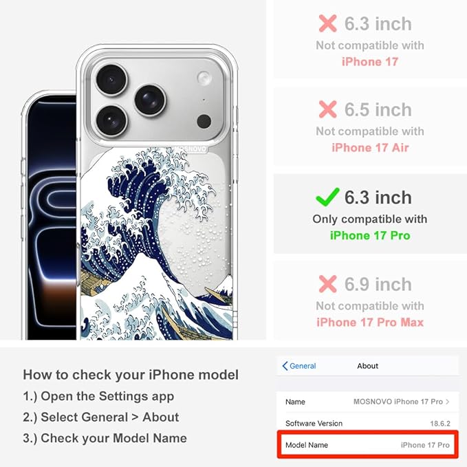 MOSNOVO for iPhone 17 Pro Case | Military Grade 6.6ft Drop Tested | Camera Control | Clear with Great Wave Design