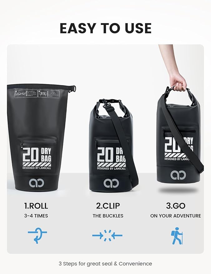 Lamicall Waterproof Dry Bag with Phone Pouch, Floating Roll Top Backpack, 10L, Black