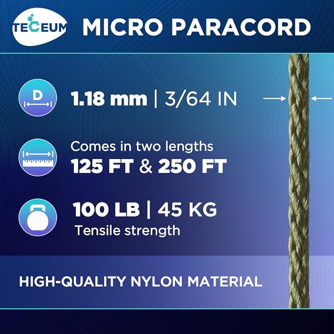 TECEUM Micro Paracord – 1.18 mm X 125 ft – Micro Utility Cord – Thin Braided Paracord Rope – Best for Crafting, DIY Projects, Fishing, Camping – Wind Chime Replacement – Survival Strong String