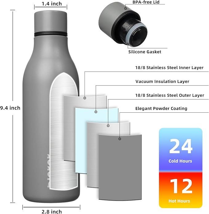 BJPKPK Insulated Water Bottles, 18 oz Stainless Steel Metal Water Bottle with Strap, BPA Free Leak Proof Jugs, Mugs, Flasks, Reusable Thermal Flasks for Sports & Travel, Grey