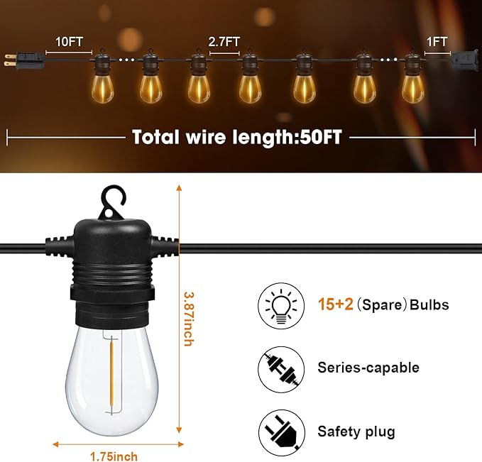 GvvooHome 50FT LED Outdoor String Lights with 16 Shatterproof Waterproof S14 Replaceable Bulbs(1 Spare), 2700K Commercial Grade Patio Lights, Outside Hanging Light for Yard Garden Porch Deck Decor