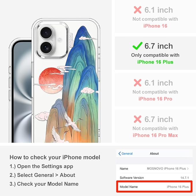 MOSNOVO for iPhone 16 Plus Case, Shockproof Military-Grade Protection 6.6ft Drop Tested, Clear Phone Case for iPhone 16 Plus, Celestial Cranes Design