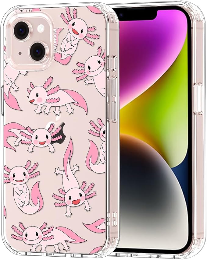 MOSNOVO for iPhone 13/14 Case | Military Grade 6.6ft Drop Tested | Clear with Pink Axolotl Design