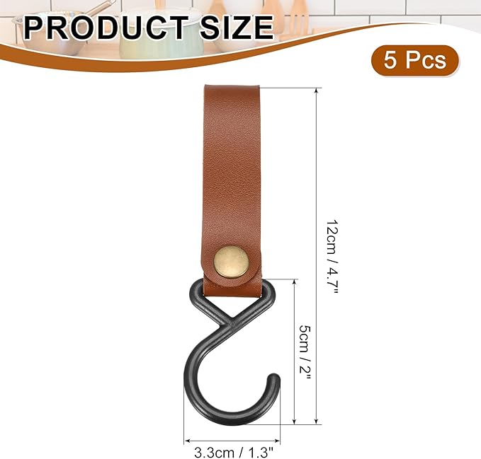 uxcell 5pcs PU Leather Hooks, S-Shape Hooks for Outdoor Camping Hanging Pots Pans Utensils Dark Brown
