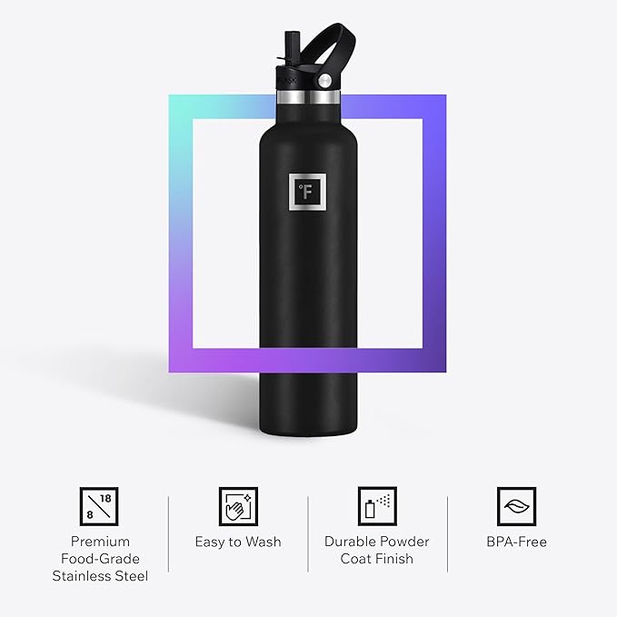 IRON °FLASK Camping & Hiking Hydration Flask with Straw, Narrow Mouth Insulated Stainless Steel Sports Water Bottle - Morning Mist 24 oz - Straw (1 Lid)