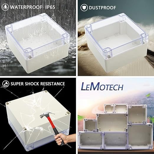 LeMotech ABS Plastic Junction Box Dustproof Waterproof IP65 Electrical Enclosure Box Universal Project Enclosure Grey with PC Transparent Clear Cover6.3 x6.3 x3.54 inch(160 x 160 x 90 mm)