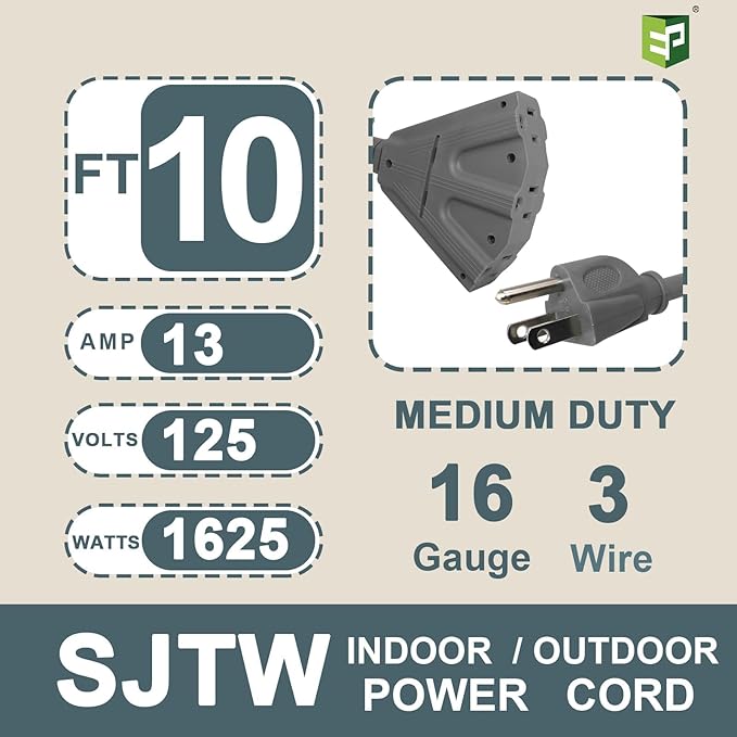 EP 2 Pack 10 Ft Outdoor Extension Cord with 3 Electrical Power Outlets - 16/3 SJTW Grey Cable with 3 Prong Grounded Plug for Safety Great for Christmas Lights, Garden and Major Appliances