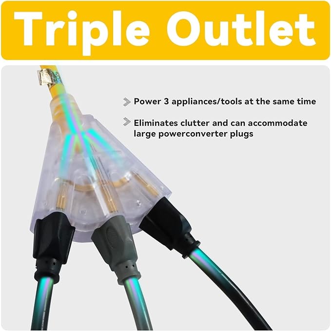 EP 12 Ft 12 Gauge Heavy Duty Extension Cord, 15A 125V 1875W, 3 Outlet Indoor/Outdoor Power Cord with Lighted End, 12/3 SJTW Weatherproof Yellow