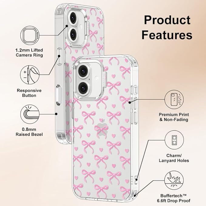 MOSNOVO Case for iPhone 16 Plus, [Buffertech 6.6ft Military-Grade Drop Protection] [Anti Peel Off Tech] Clear TPU Bumper Phone Case Cover Design - Bowtiful Love