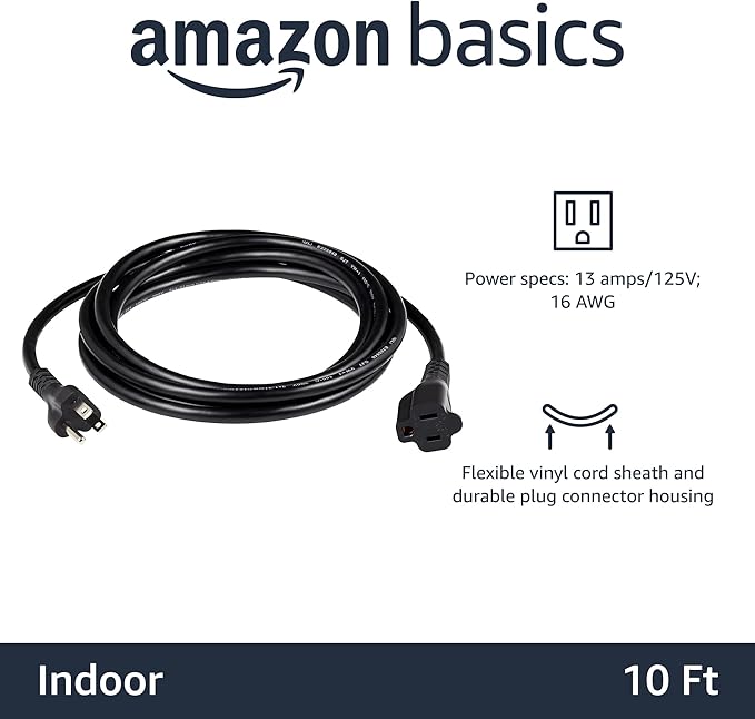 Amazon Basics Extension Cord, 10 Ft, 3-Prong Outlet Extender, Indoor, 13 Amps, 125V, Black, 2-Pack