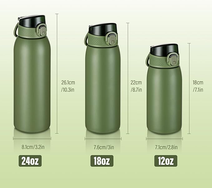 Insulated Water Bottle 24 oz with Dustproof Lid, Carry Handle & Tea Infuser, BPA-Free & Leakproof, Stainless Steel Water Bottles Ideal for Fitness, Hiking, Office & Outdoor Use（Olive Green）