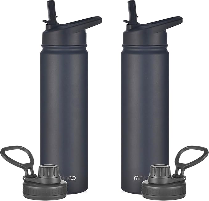 mininoo 24 oz Insulated Water Bottle with Straw Lid, Stainless Steel Double Wall Vacuum, Leak Proof, BPA Free, Keep Cold for 24H & Hot for 12H-2 pack(Black)