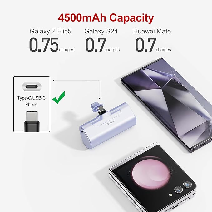 iWALK Small USB-C Portable Charger, 4500mAh Portable Charger for iPhone 17/16/15 Series Power Bank for Samsung Galaxy S25/S24/S23 Ultra, Z Flip 5, Note, Moto, LG, Google Pixel, Purple