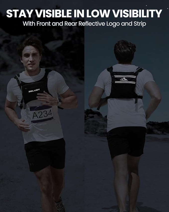 Zelvot Running Vest with 1L Water Bladder, USA Original Patent, Adjustable Reflective Running Hydration Vest, Lightweight Chest Pack for Men Women for Hiking, Cycling (Black, M/L)