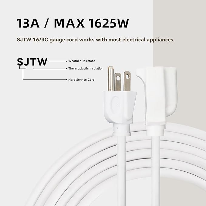6ft Outdoor Extension Cord for Christmas Decorations - 16/3 Heavy Duty SJTW Waterproof White Electrical Cable with 3 Prong Grounded Plug for Safety, Great for Lawn and Major Appliances