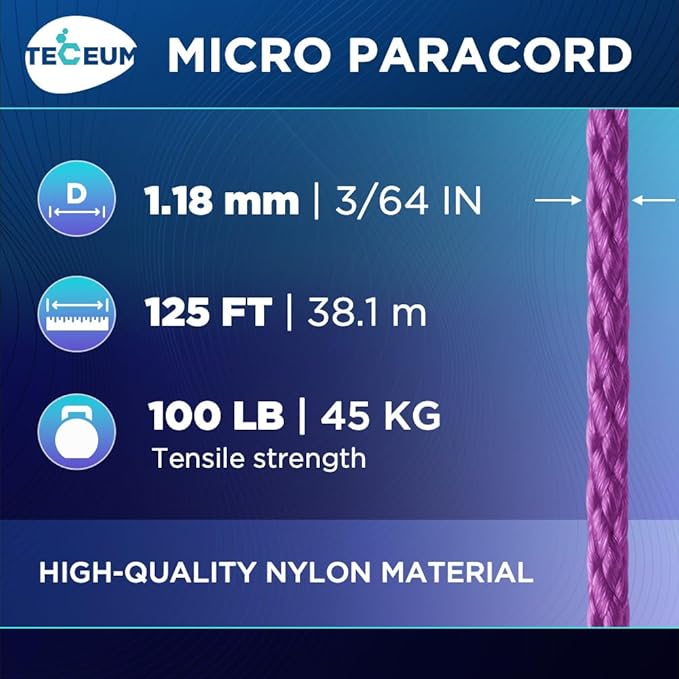 TECEUM Micro Paracord – 1.18 mm X 125 ft – Micro Utility Cord – Thin Braided Paracord Rope – Best for Crafting, DIY Projects, Fishing, Camping – Wind Chime Replacement – Survival Strong String