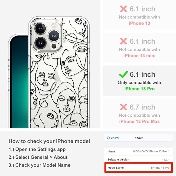 MOSNOVO Case for iPhone 13 Pro, [Buffertech 6.6ft Military-Grade Drop Protection] [Anti Peel Off Tech] Clear TPU Bumper Phone Case Cover Design - Abstract Face Line Art