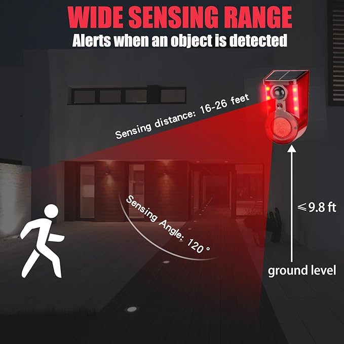 Solar Motion Sensor Alarm Device - Waterproof, Multi-Mode, Wide-Angle Sensing, 110dB Alarm & Strobe Lights for Indoor & Outdoor Security 6Pack