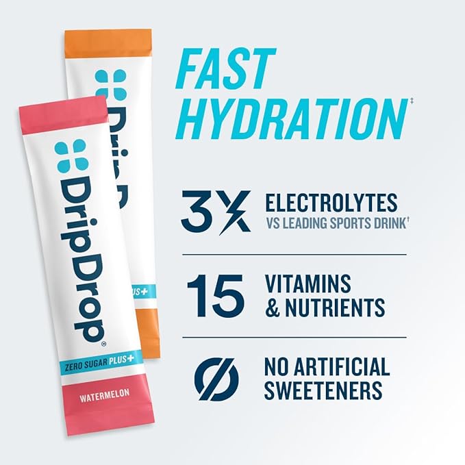 DripDrop Zero Sugar Plus - Sugar Free Hydration Packets- Single Serve Electrolytes Powder Drink Mix - Raspberry Lemonade, Watermelon, Tangerine, Tropical Punch - Non-GMO, Vegan- 16 Sticks