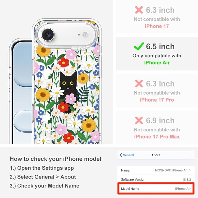 MOSNOVO for iPhone Air Case | Military Grade 6.6ft Drop Tested | Camera Control | Clear with Black Cat in Garden Design