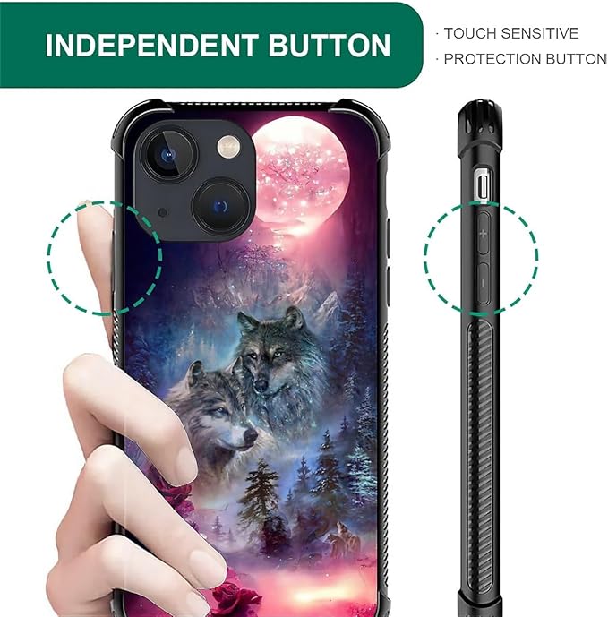 for iPhone 13 Case, Star Two Wolfs Howling Pattern Graphic Design Girl Boy Soft Silicone Hard Acrylic Shock Protection for iPhone 13