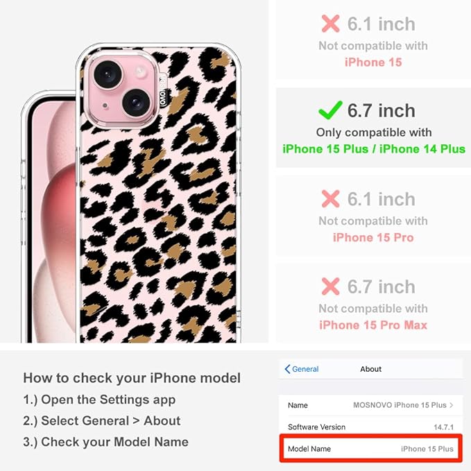 MOSNOVO Case for iPhone 15 Plus/iPhone 14 Plus, [Buffertech 6.6ft Military-Grade Drop Protection] [Anti Peel Off Tech] Clear TPU Bumper Phone Case Cover Design - Leopard Print