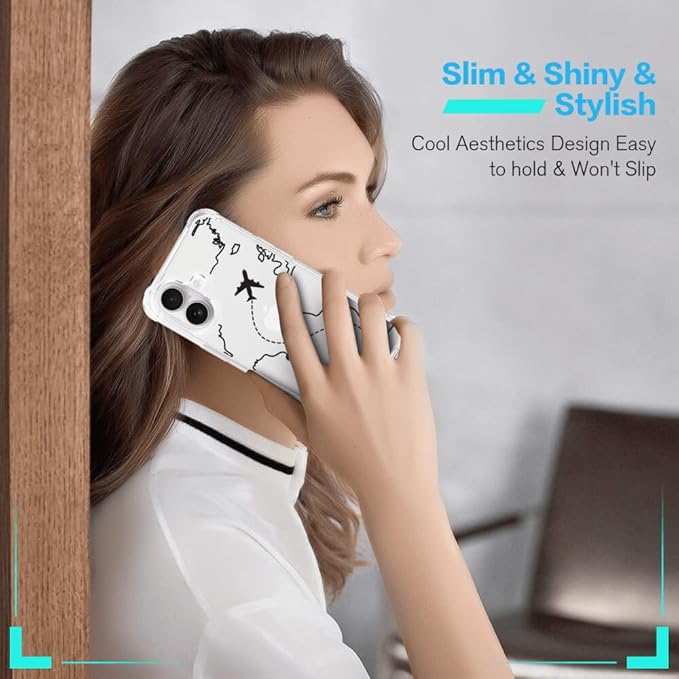 FANXI Minimalist Airplane Travel Map Phone Case Compatible with iPhone 16 (6.1 Inch) - Shockproof Clear Soft TPU Protective Cover with Airplane Design for Women Men and Girls